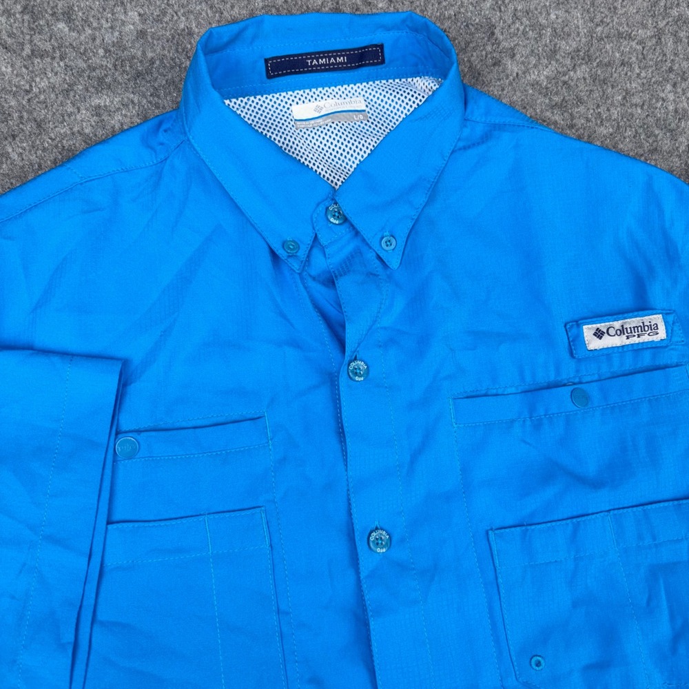Columbia PFG Tamiami II Fishing Shirt Mens Large Blue Short Sleeve Button Up Log
